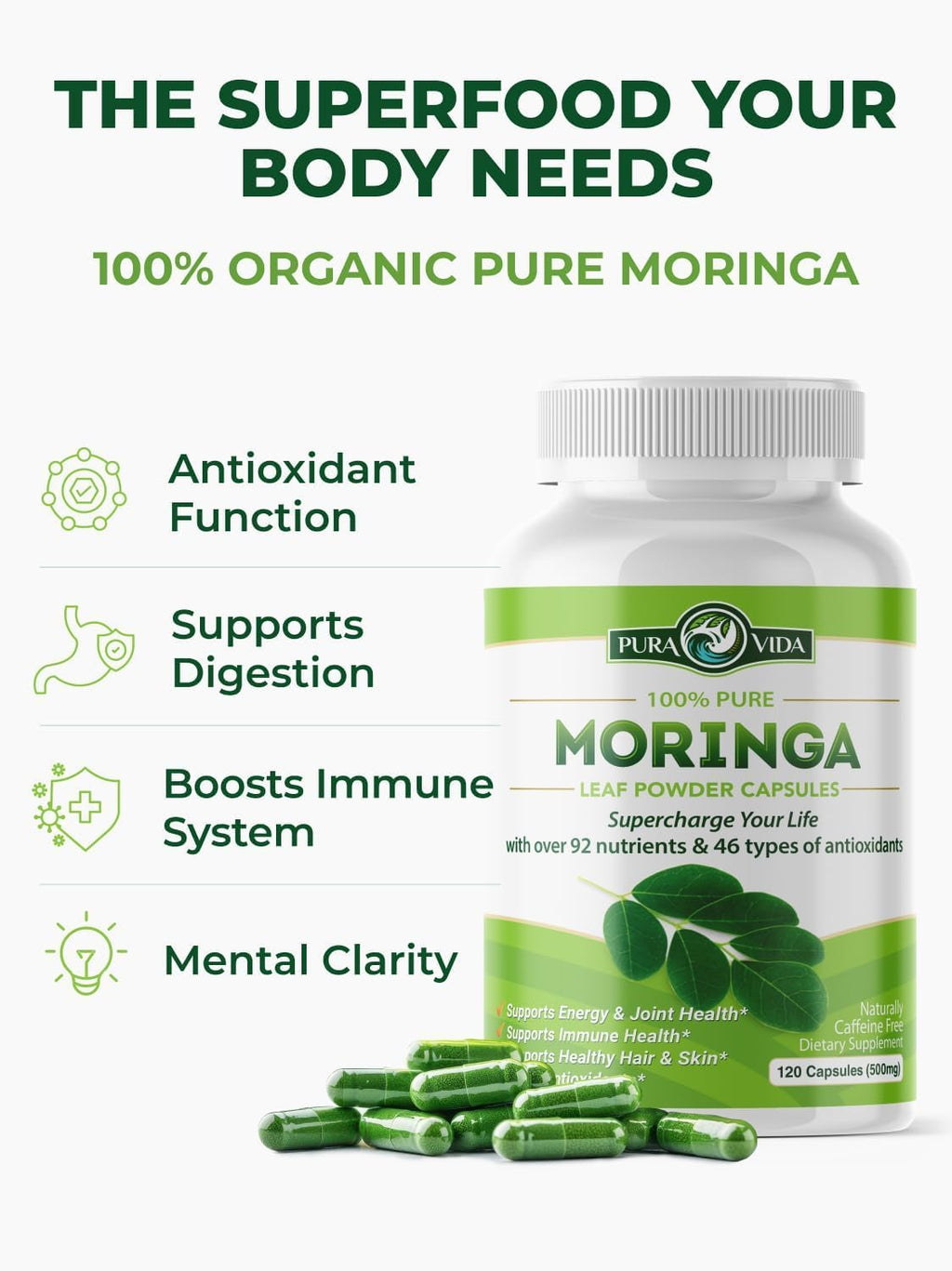 Organic Moringa Capsules 500mg 120ct Pack of 2 Q3181