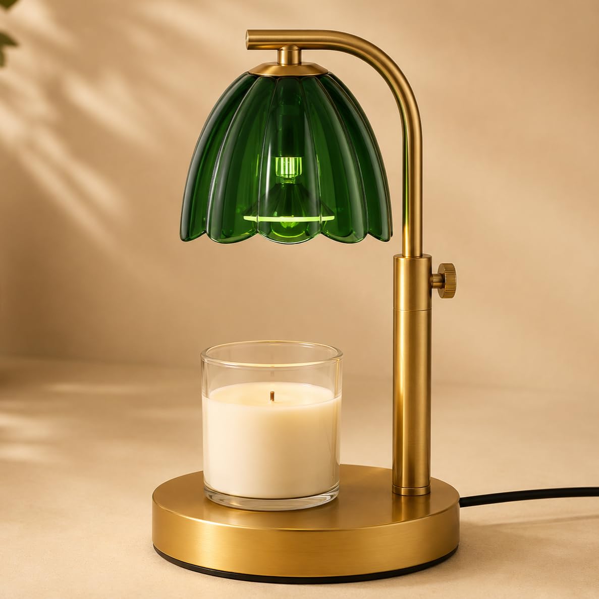 Scalloped Glass Candle Warmer Lamp with Timer, Dimmable, Adjustable Height, Gold Metal, Green N3758