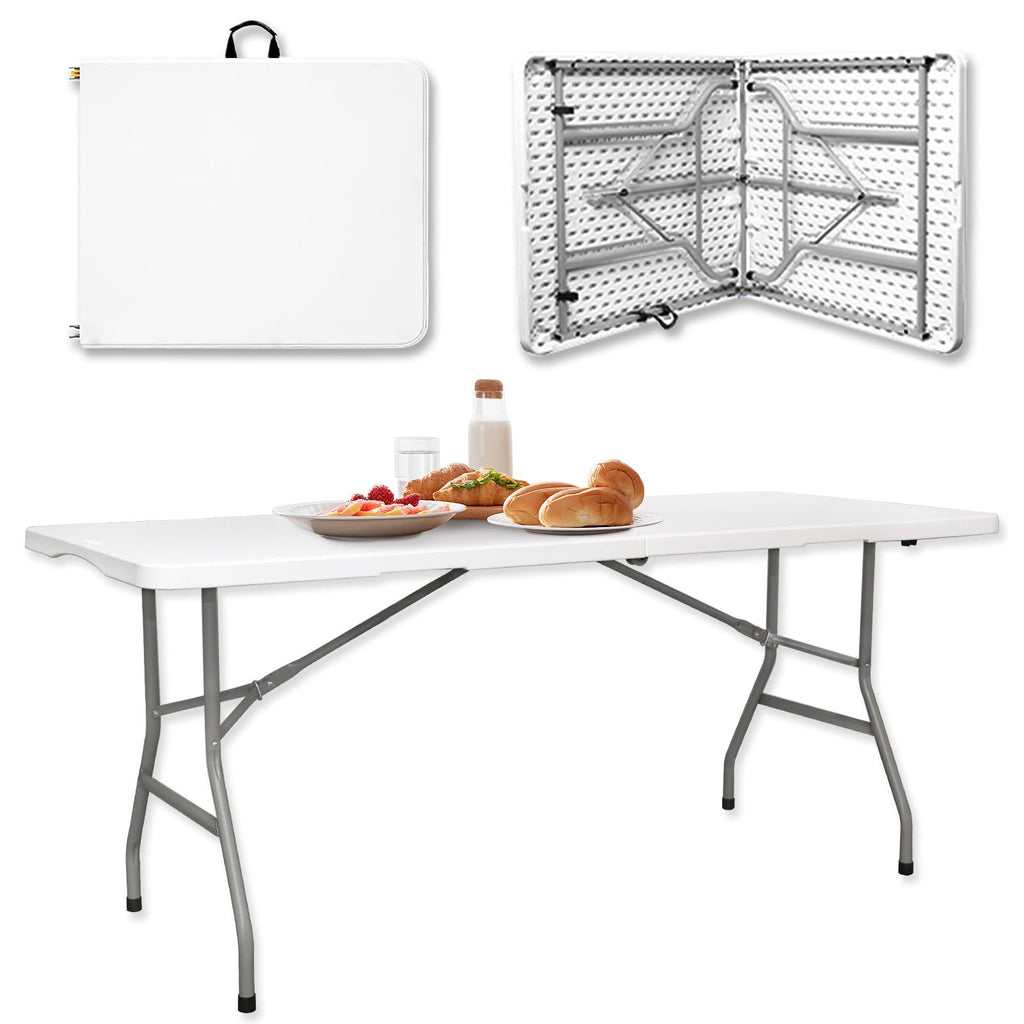 6ft Heavy Duty White Folding Table with Carrying Handle D80693