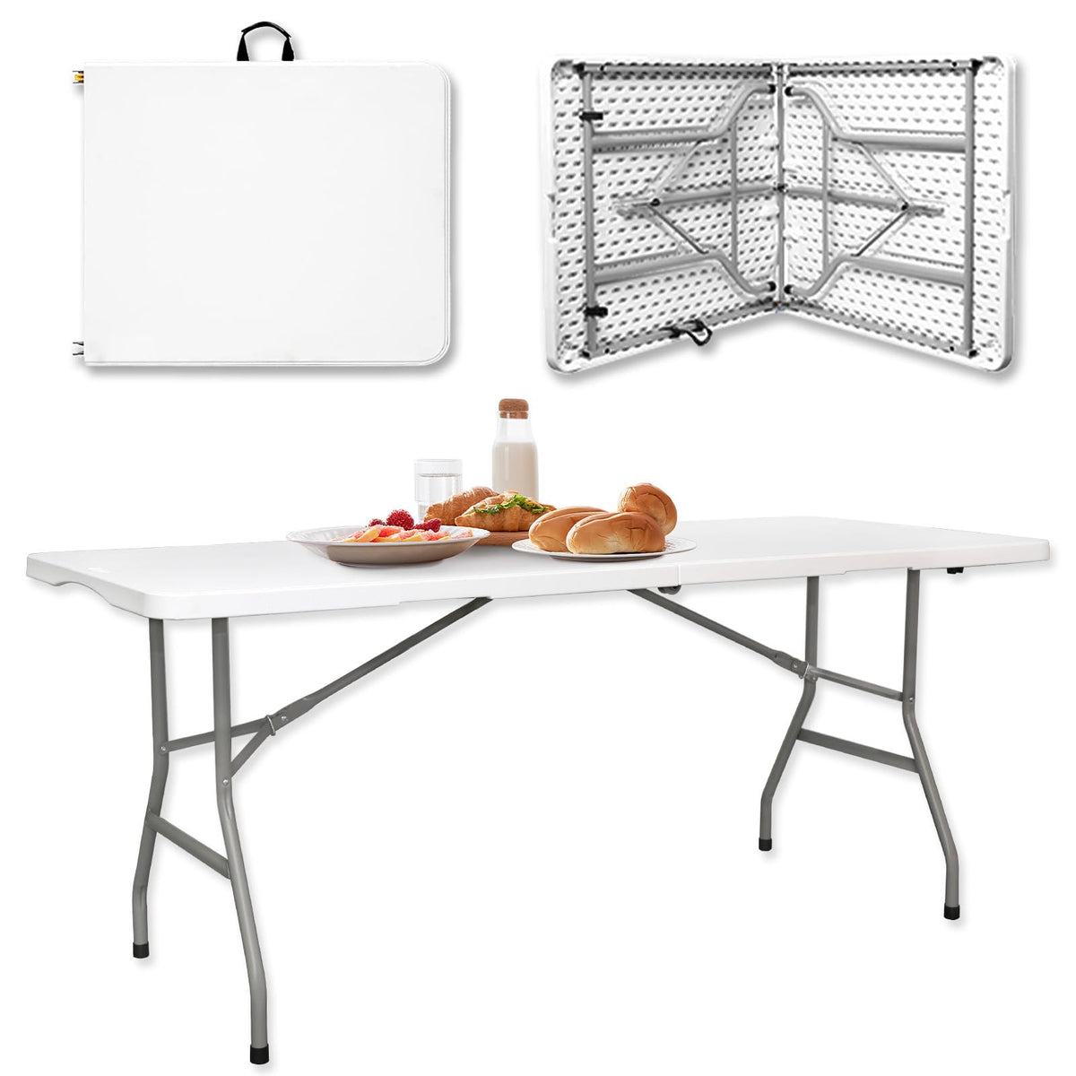 6ft Heavy Duty White Folding Table with Carrying Handle D80693