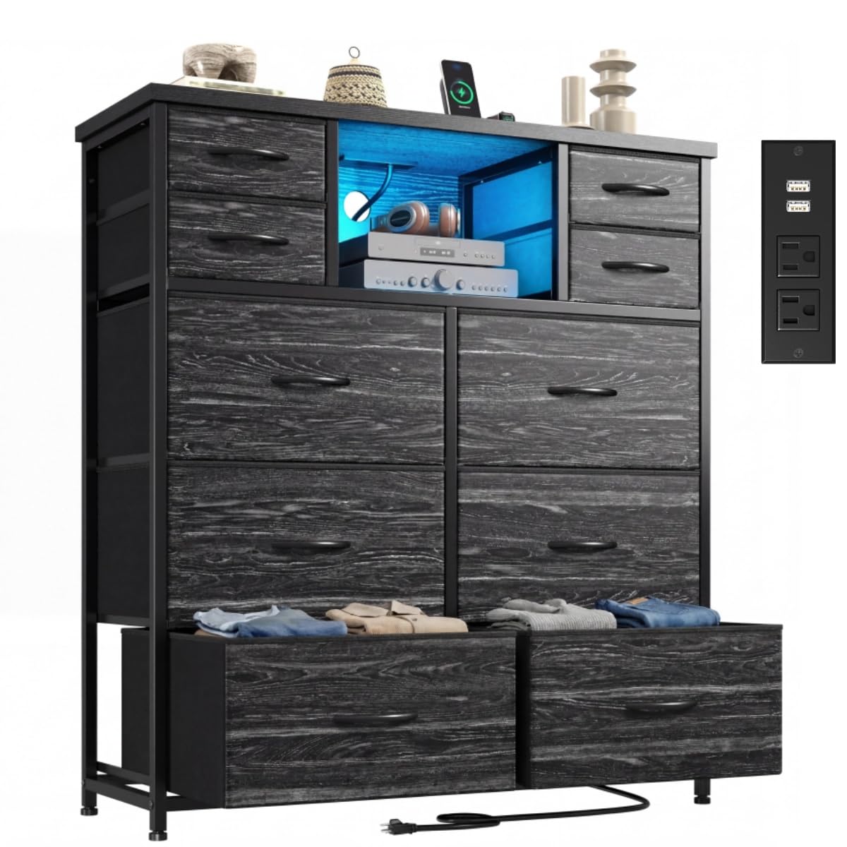 Black 10 Drawer Dresser with Charging Station F726