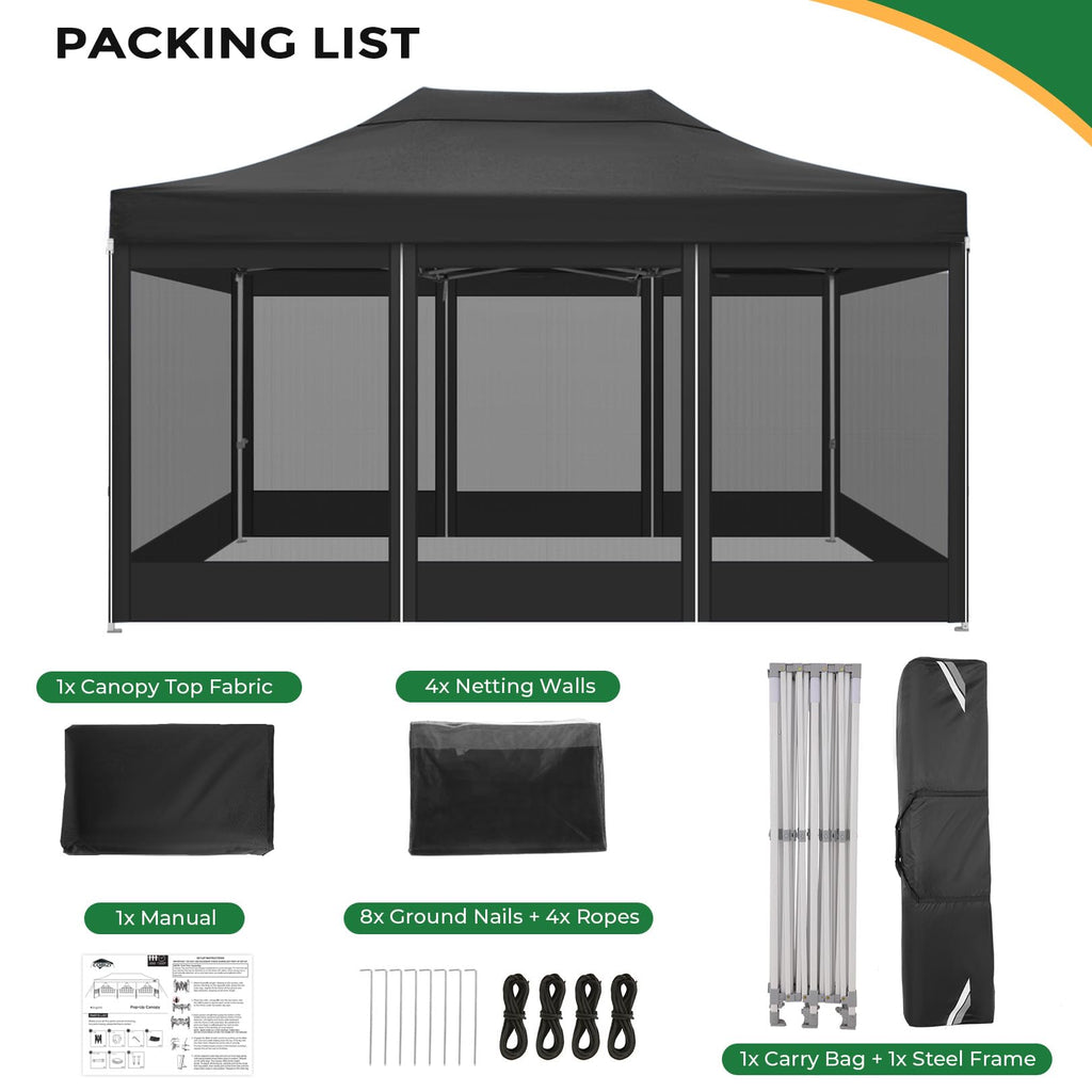 10x15 Heavy Duty Pop Up Canopy with 4 Mosquito Net Sidewalls, Black R1690