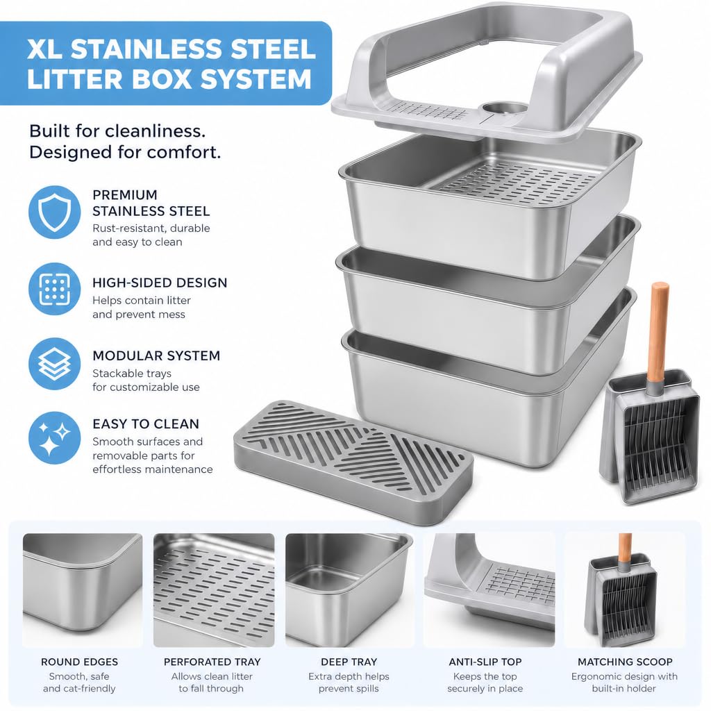XL Stainless Steel Sifting Cat Litter Box with High Sides R444432