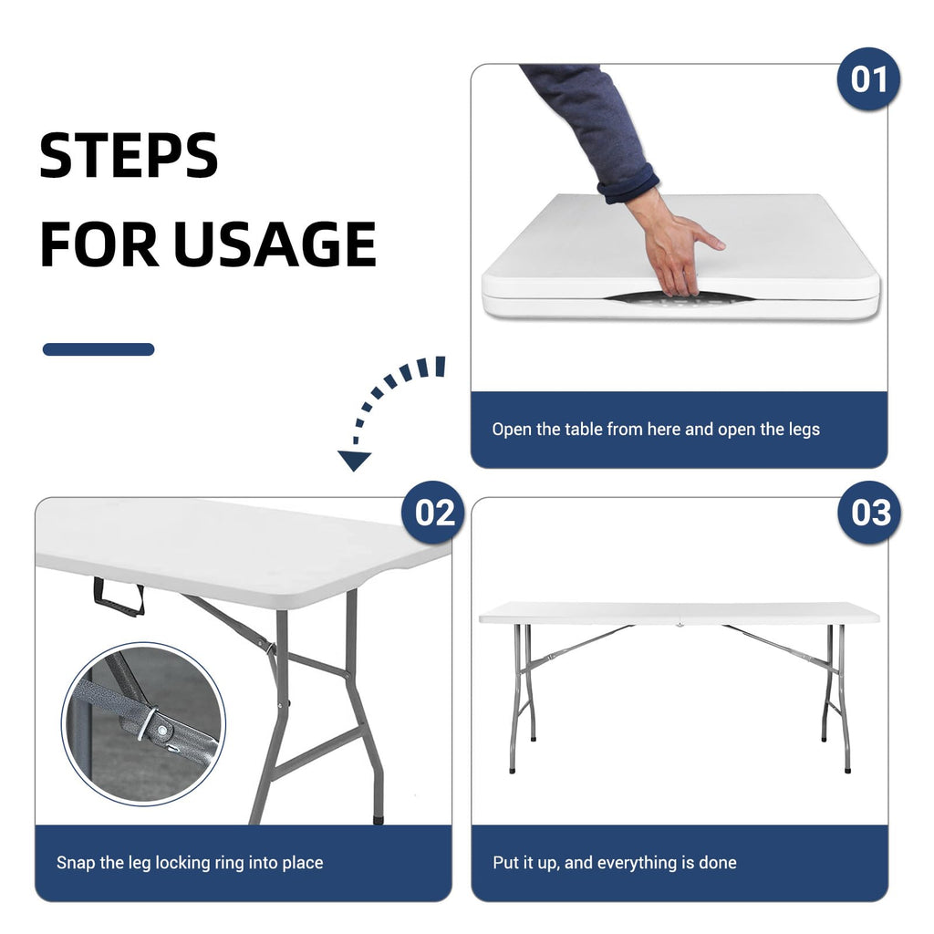 6ft Heavy Duty White Folding Table with Carrying Handle D80693