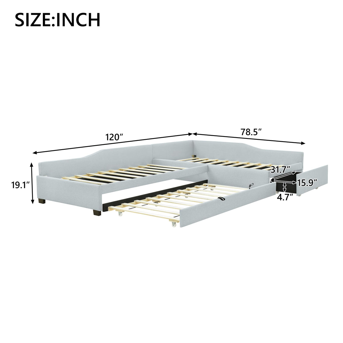L Shaped Twin Corner Bed with Trundle and Storage Drawer Y7696