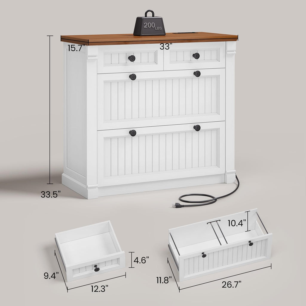 White Brown 4 Drawer Wood File Cabinet with Power Outlets D488