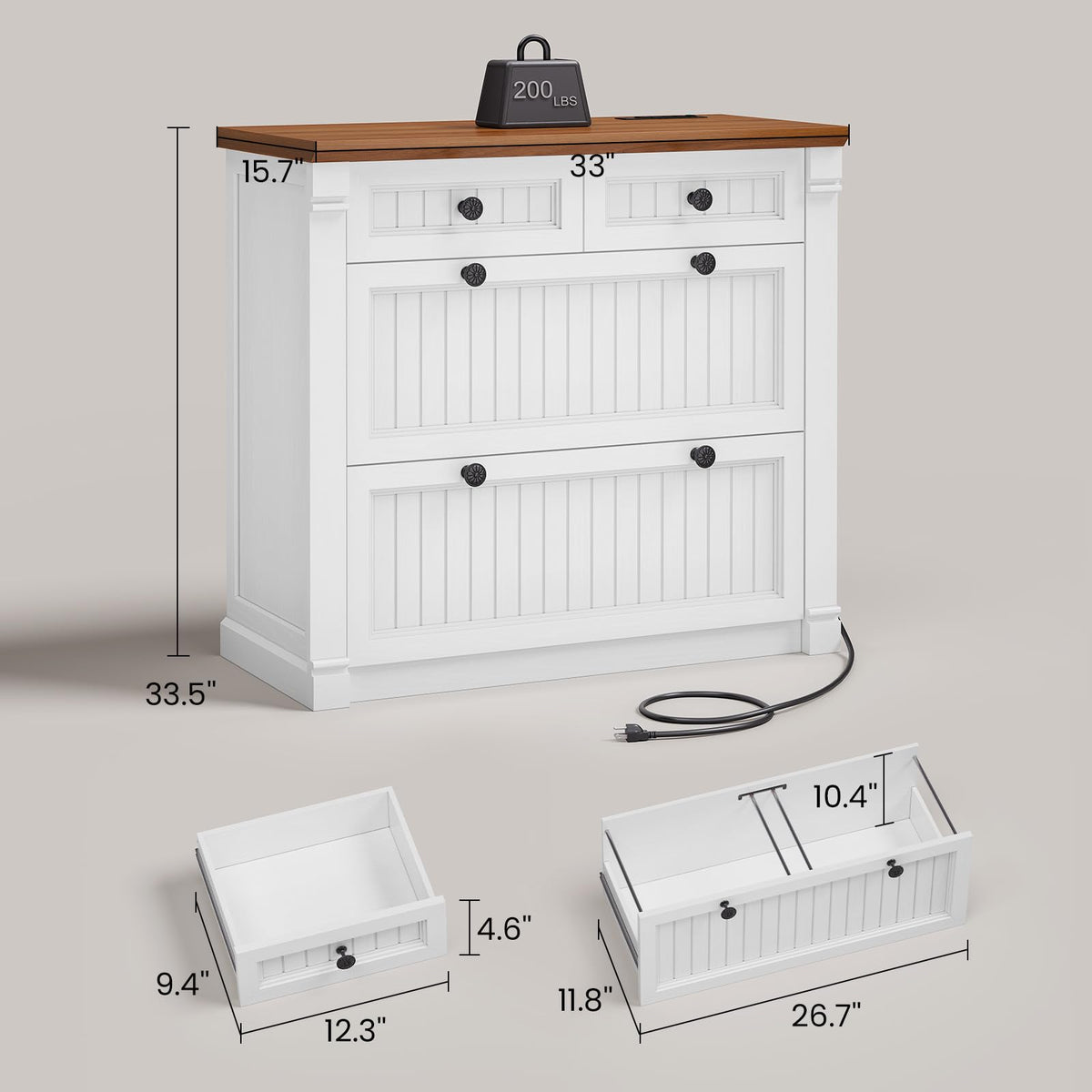 White Brown 4 Drawer Wood File Cabinet with Power Outlets D488