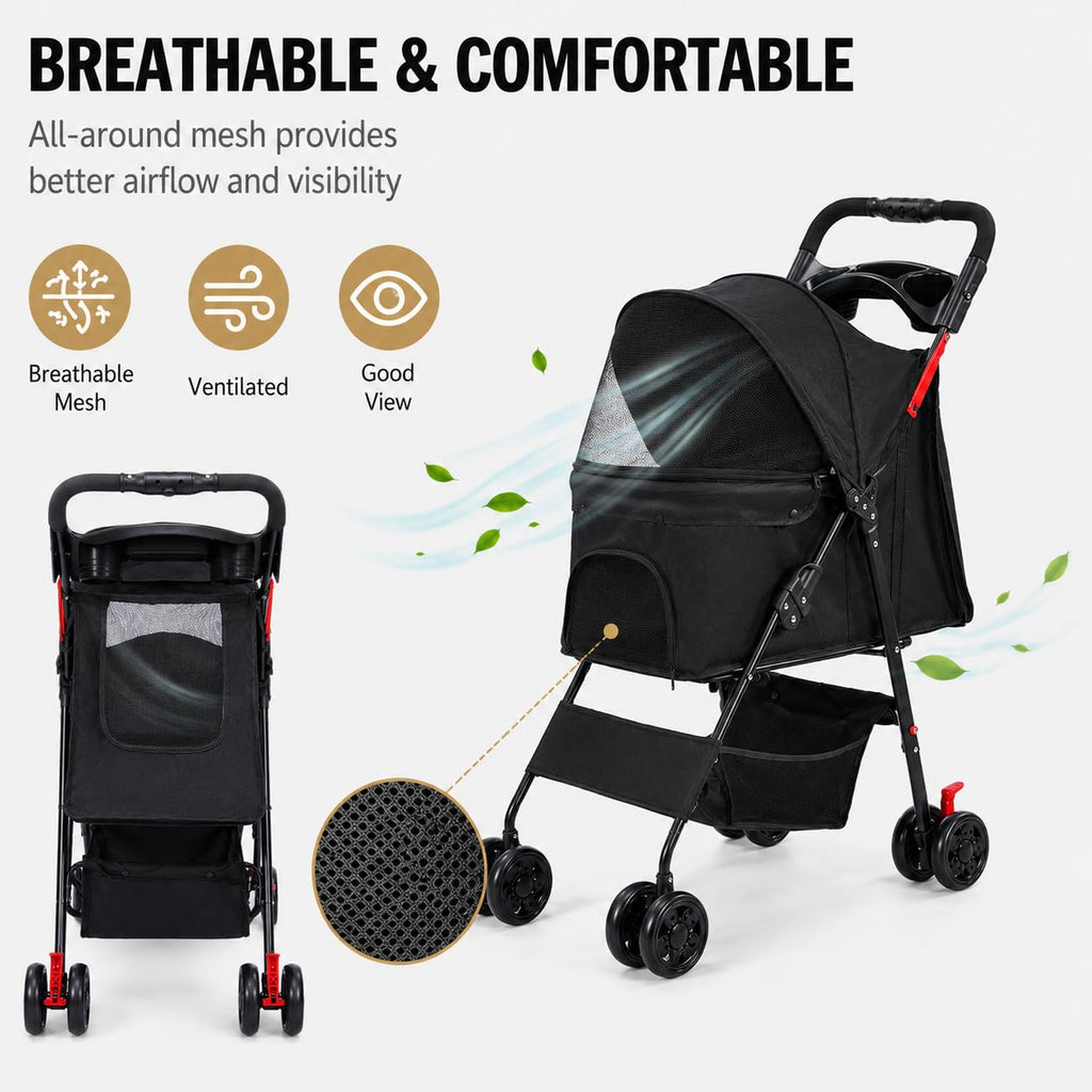 Foldable Dog Stroller with 4 Wheels and Storage Basket Black D6824