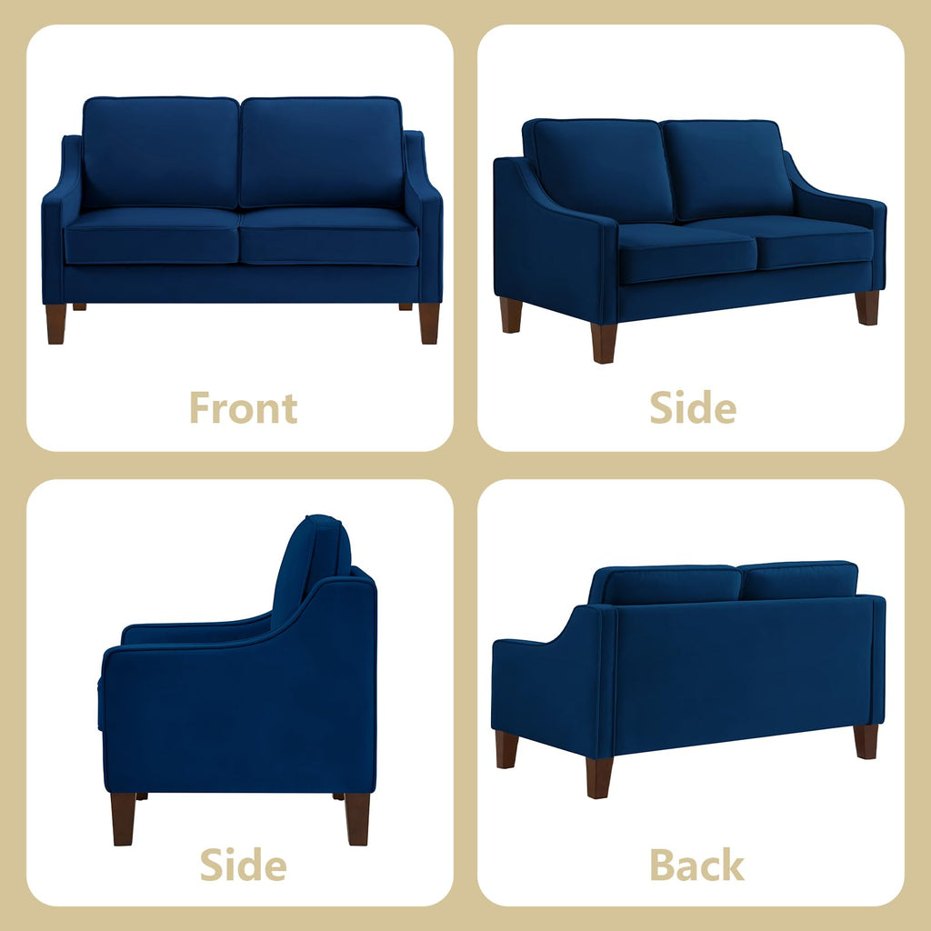 Navy Velvet 2 Seat Loveseat Sofa with Wooden Legs L999