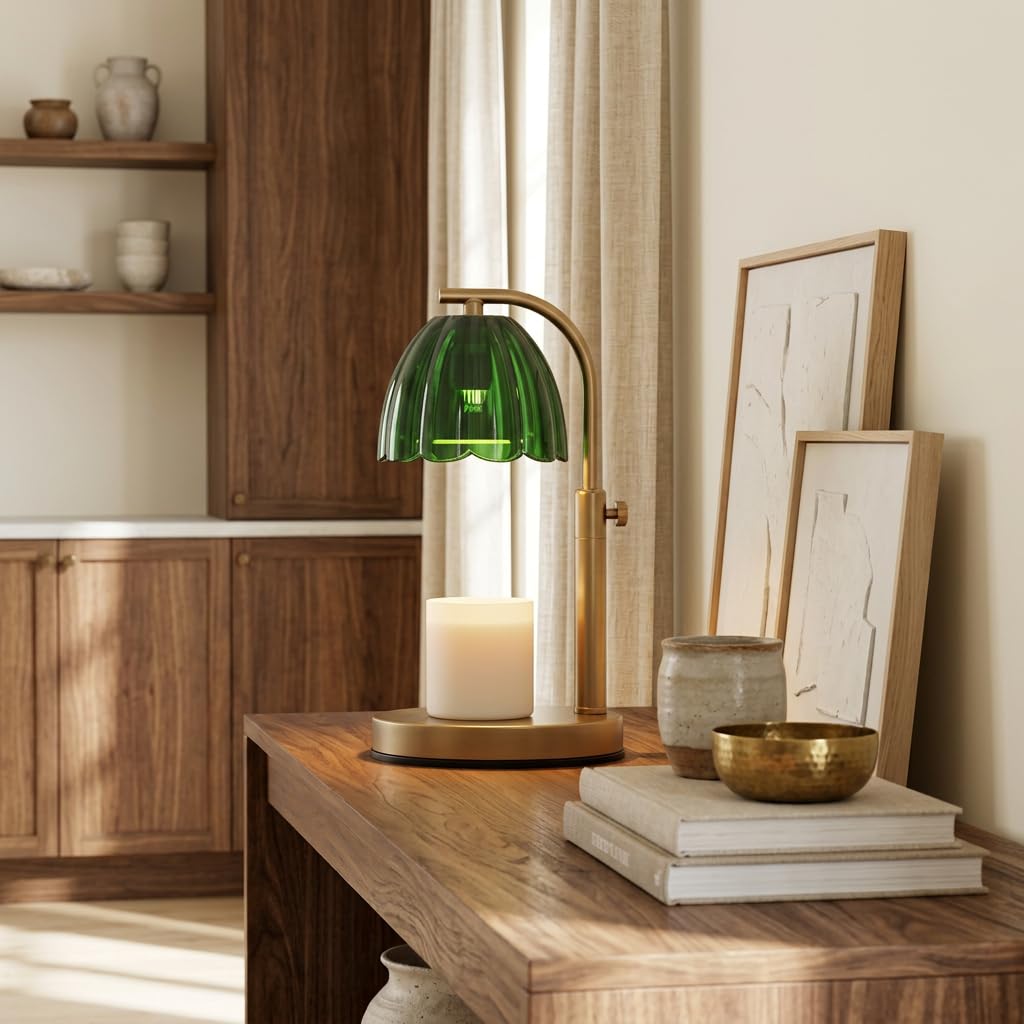 Scalloped Glass Candle Warmer Lamp with Timer, Dimmable, Adjustable Height, Gold Metal, Green N3758