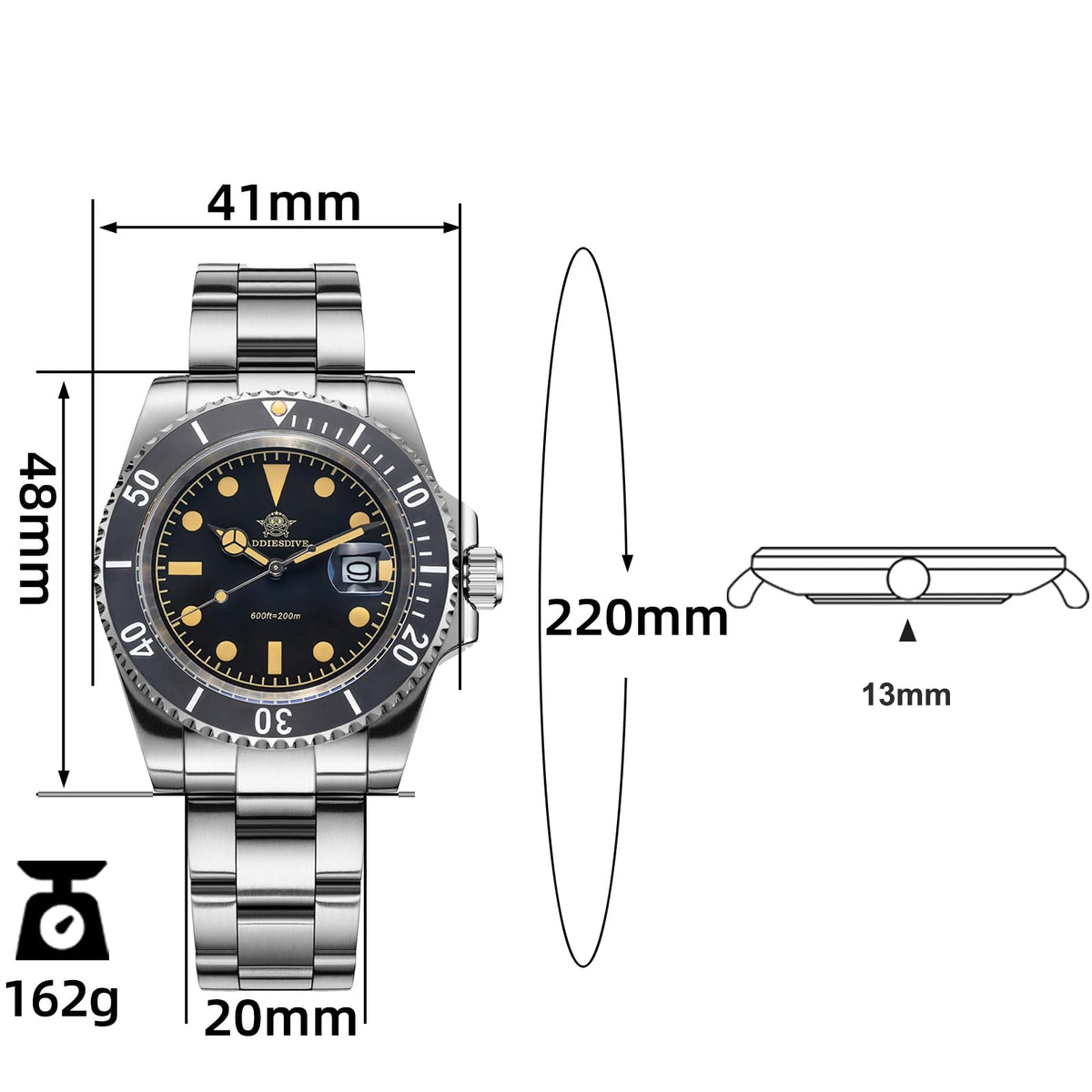 41MM Quartz Dive Watch Stainless Steel Bracelet U52612