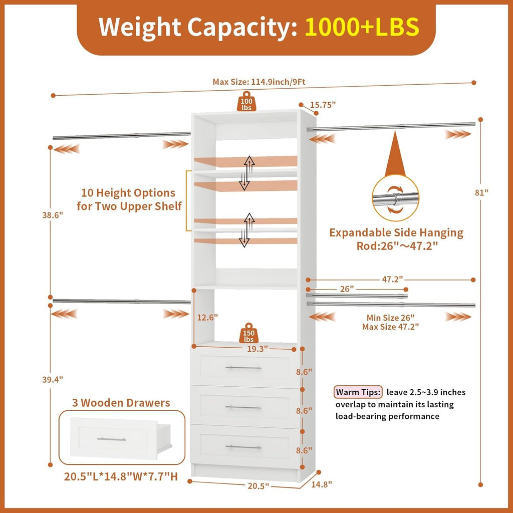White Closet System with Drawers and Adjustable Shelves H717