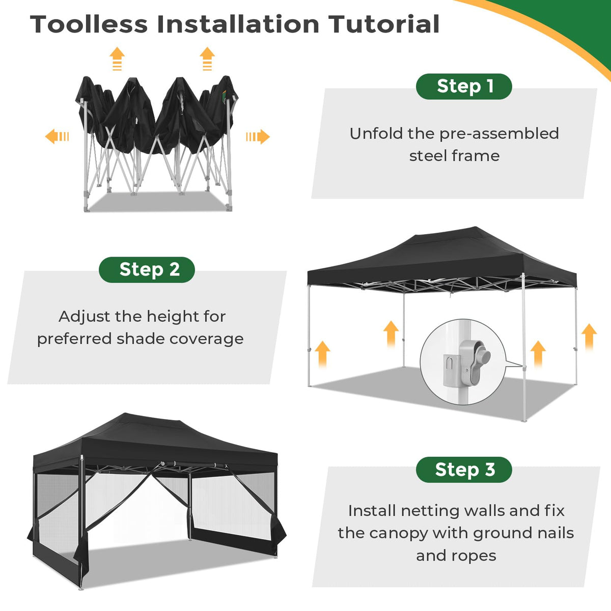 10x15 Heavy Duty Pop Up Canopy with 4 Mosquito Net Sidewalls, Black R1690