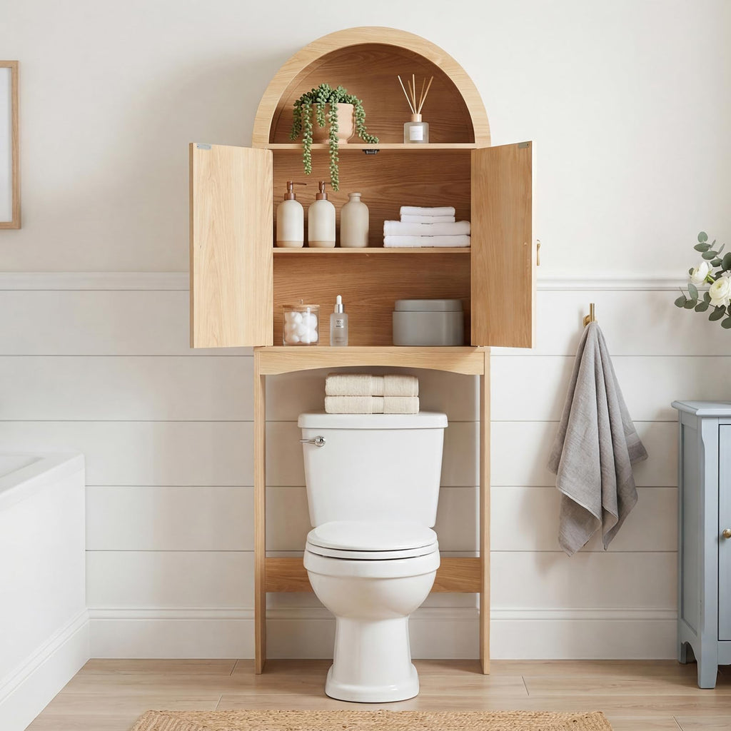 Arched Rattan Over the Toilet Storage Cabinet with Doors Y88286