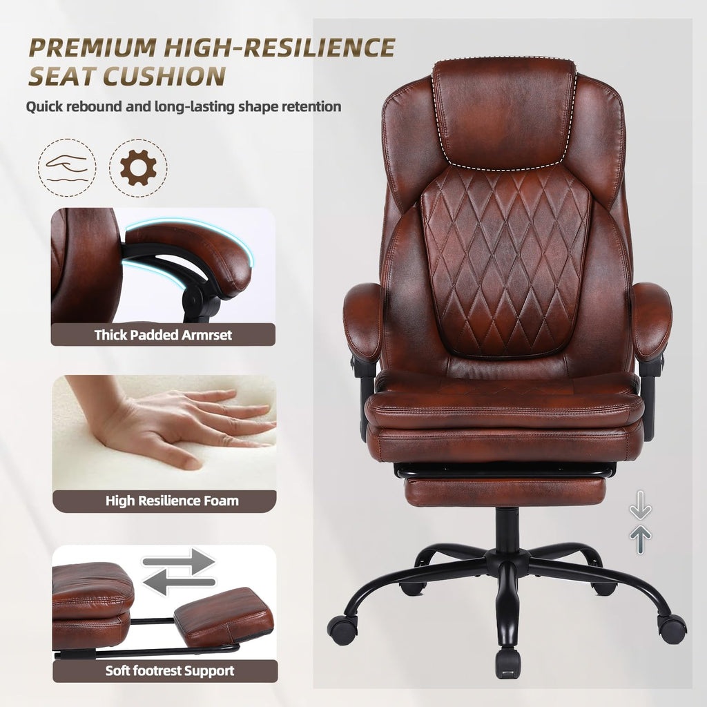 Big and Tall Brown PU Leather Reclining Office Chair with Foot Rest R556