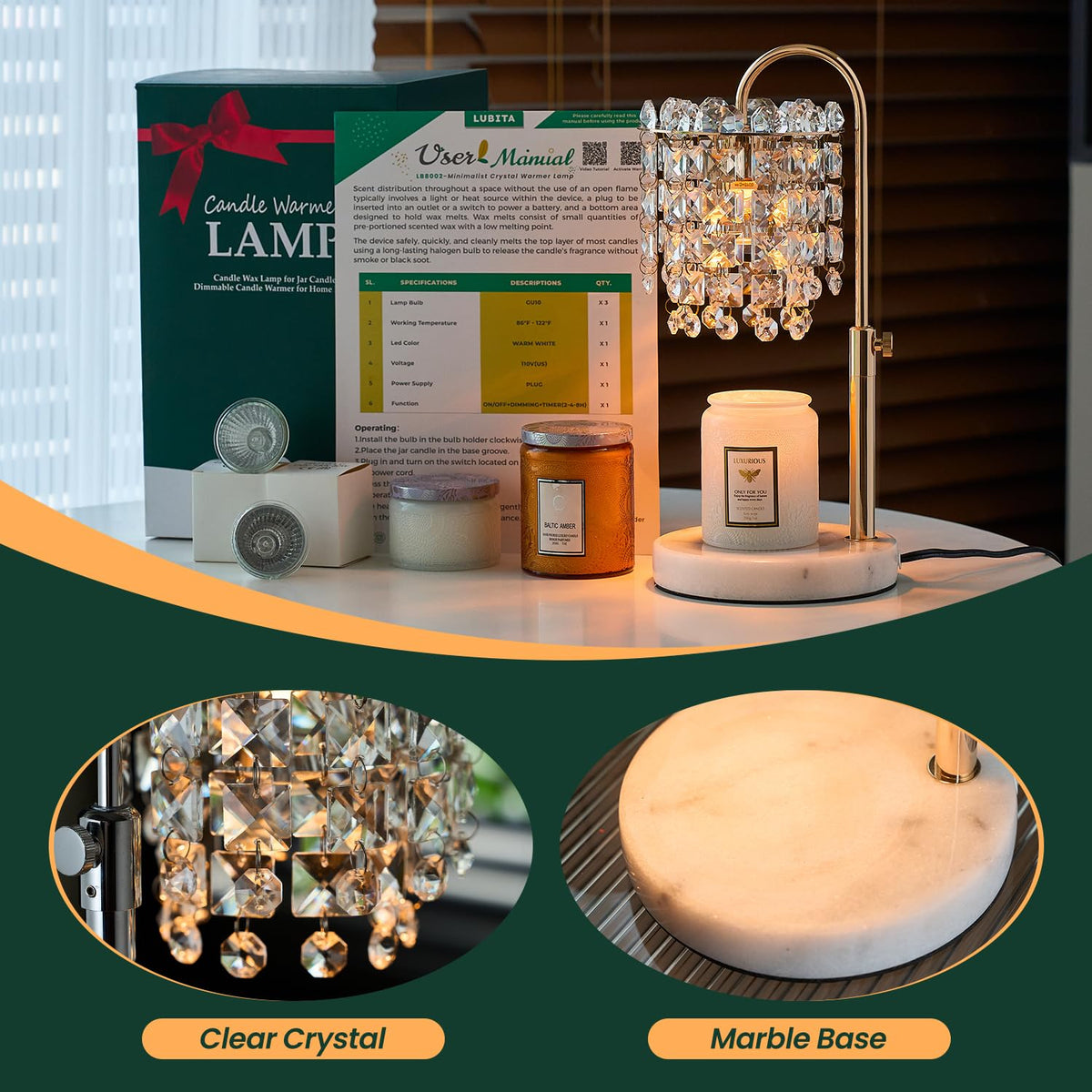 Candle Warmer Lamp with Timer Dimmer Adjustable Height O81284
