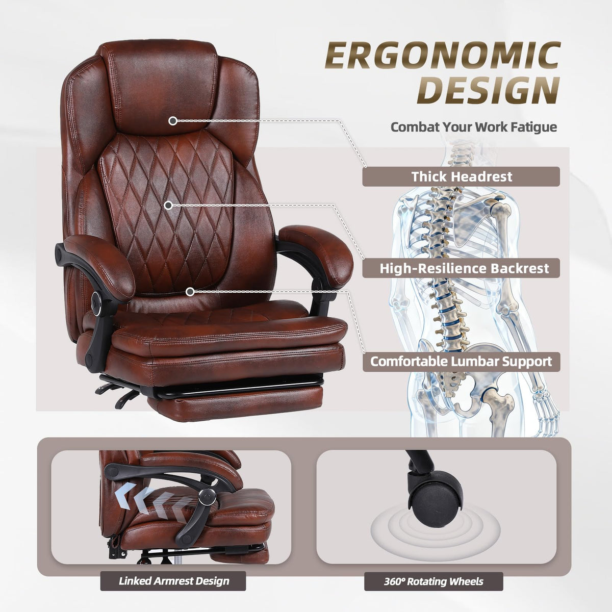 Big and Tall Brown PU Leather Reclining Office Chair with Foot Rest R556