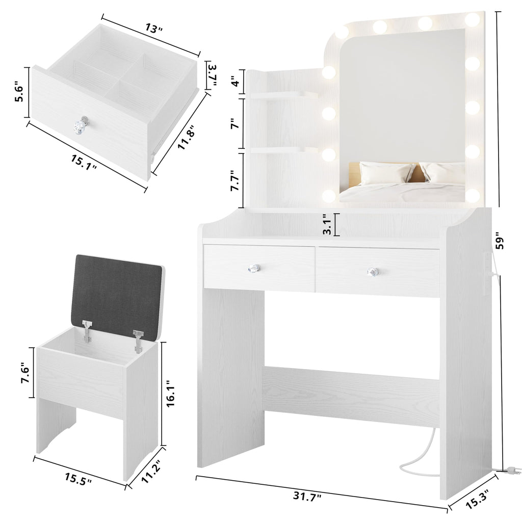 White Vanity Desk with Mirror Lights and Storage Stool D73318