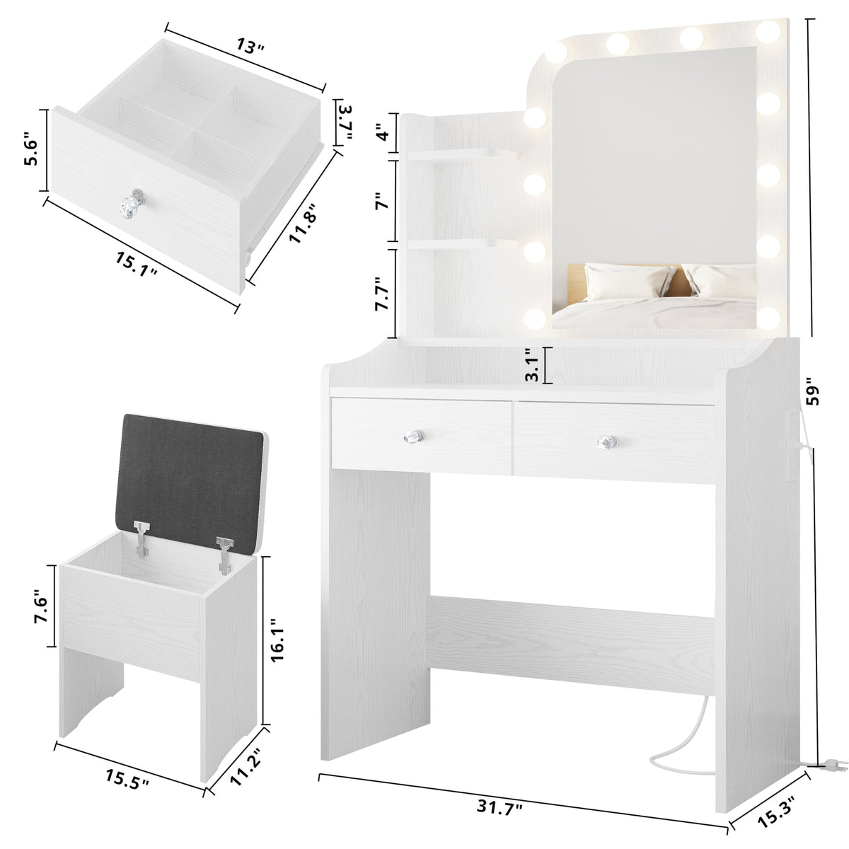 White Vanity Desk with Mirror Lights and Storage Stool D73318