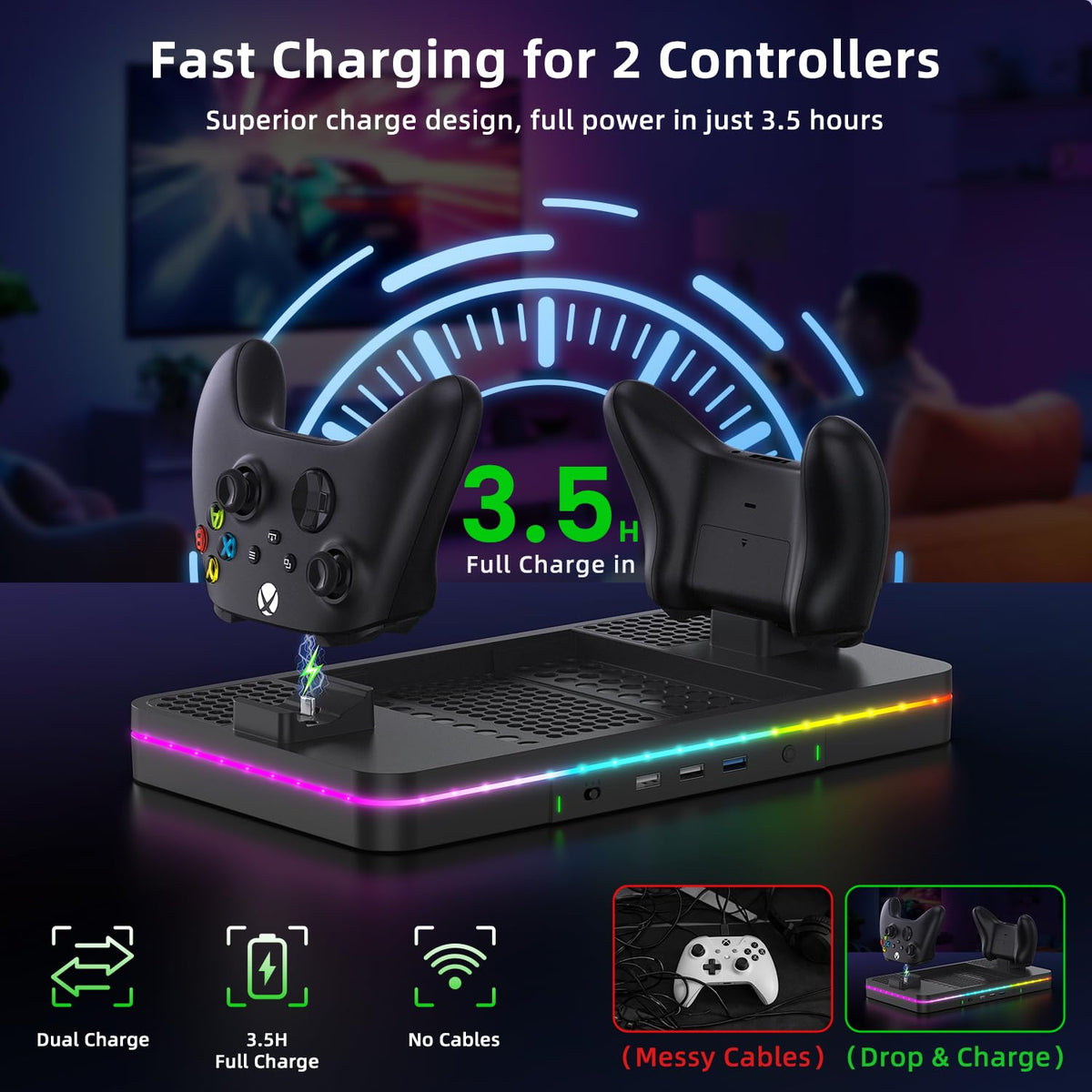 Black Cooling Fan Charging Stand with 3 USB Ports Q506