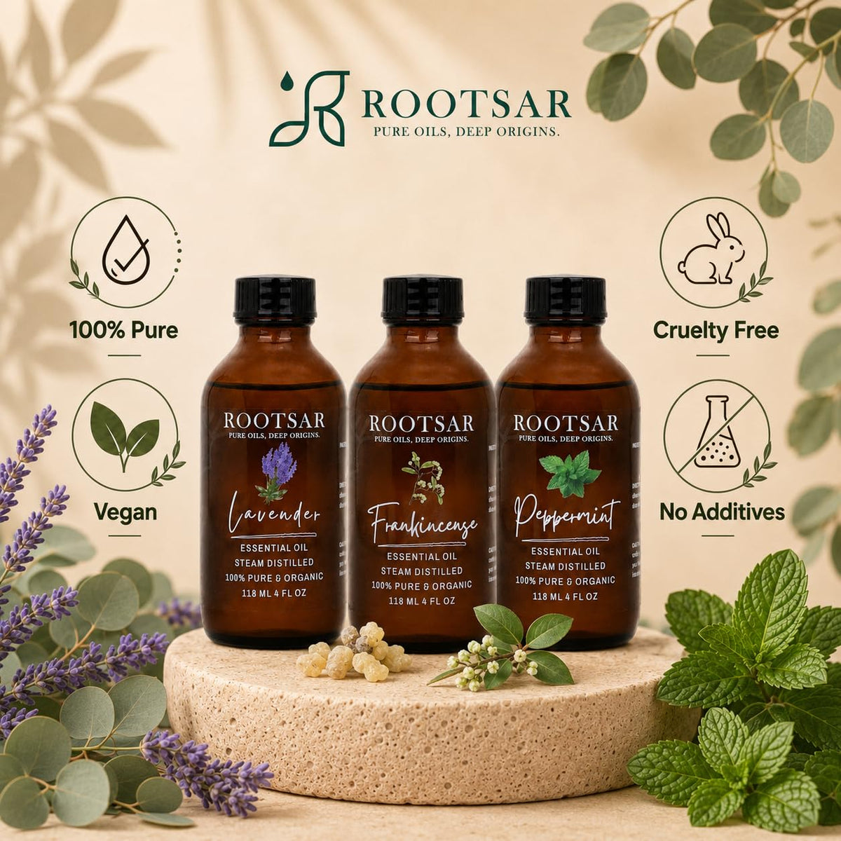 3 Pack Lavender Frankincense Peppermint Essential Oils 4 Fl Oz F480