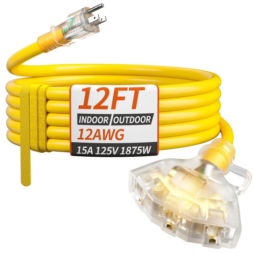 12 FT 12 Gauge Yellow Heavy Duty Outdoor Extension Cord Waterproof K564