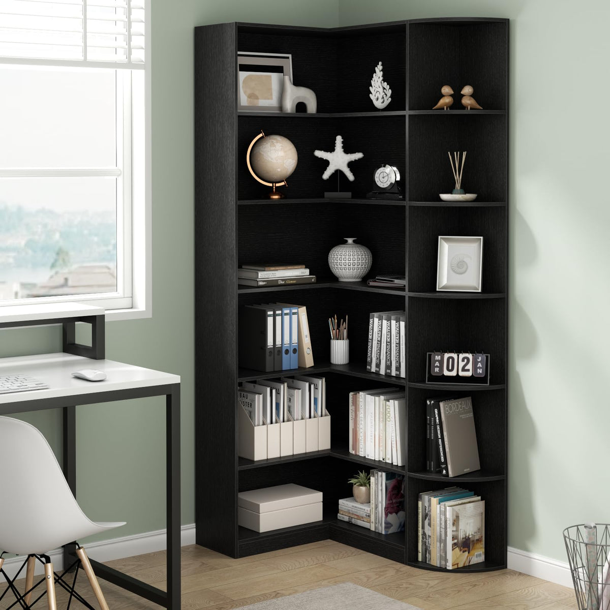 Black 6 Tiers L-Shaped Book Shelf T49575