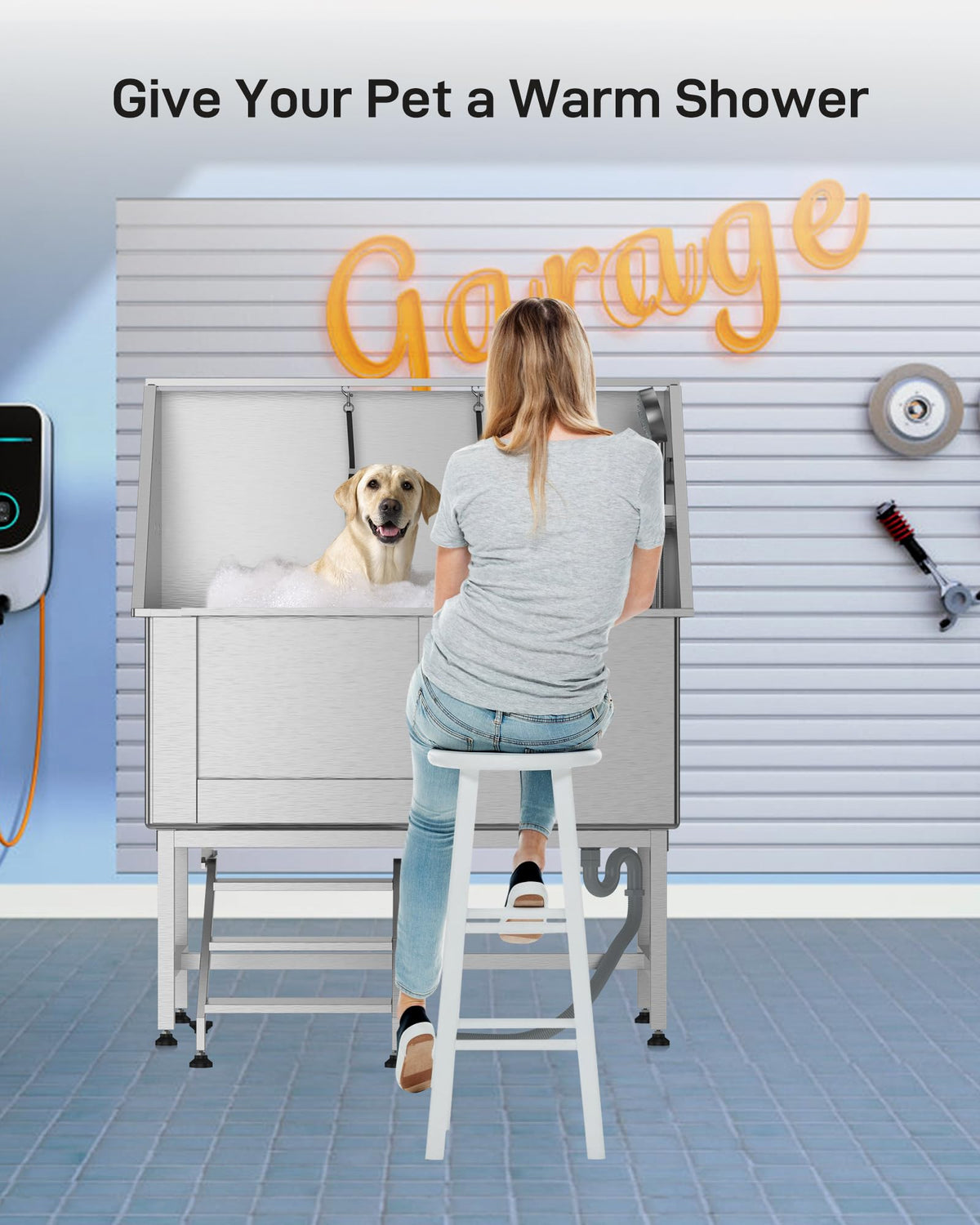 Stainless Steel Dog Grooming Bathtub with Removable Ramp E24148