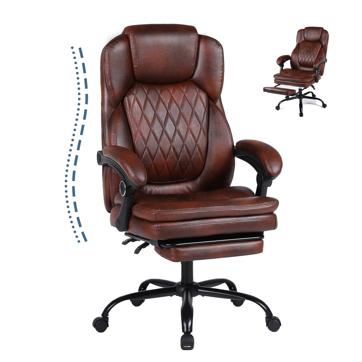 Big and Tall Brown PU Leather Reclining Office Chair with Foot Rest R556