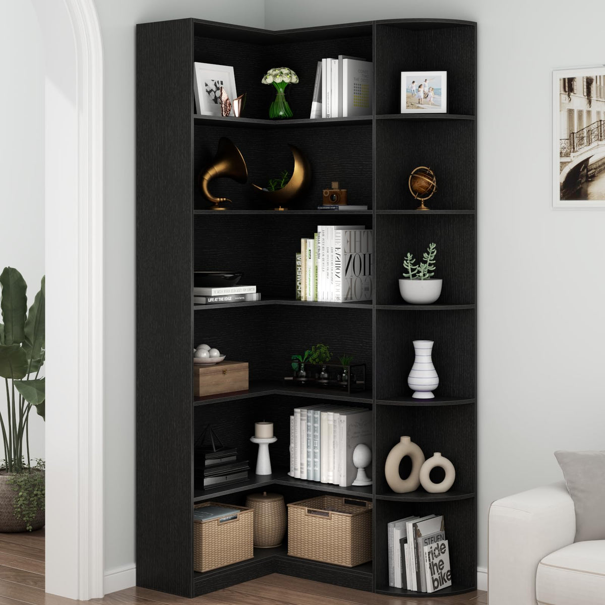 Black 6 Tiers L-Shaped Book Shelf T49575
