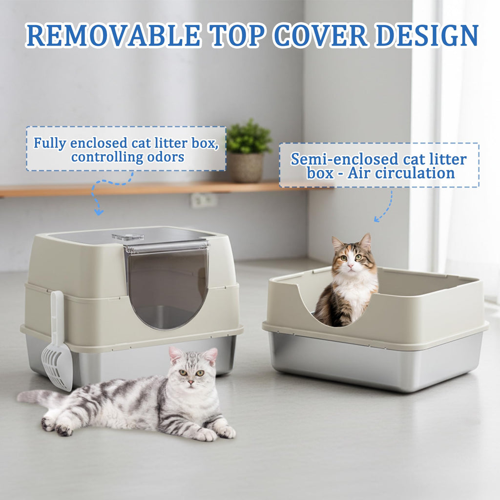 Stainless Steel Enclosed Cat Litter Box with Scoop & Mat X9285