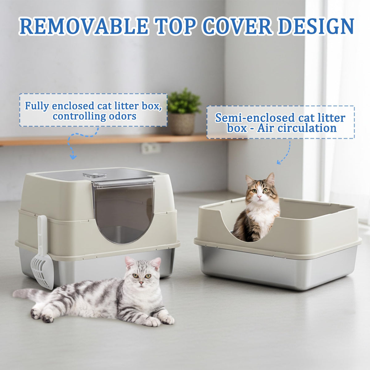 Stainless Steel Enclosed Cat Litter Box with Scoop & Mat X9285