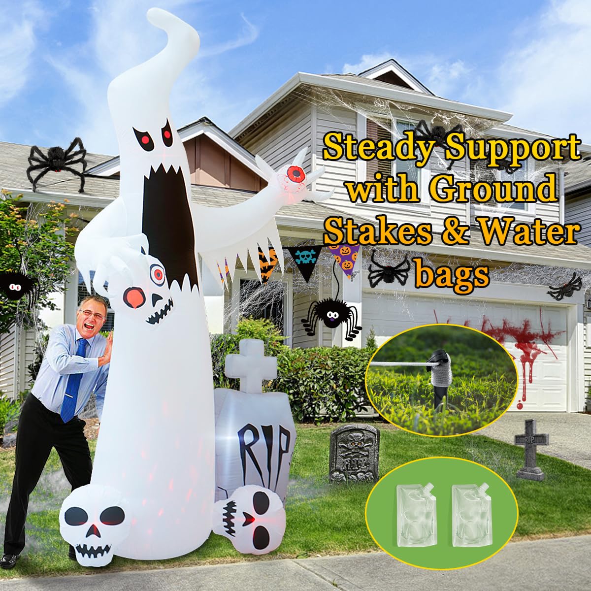 12 FT Halloween Inflatables Ghost with 3 Skulls T126360