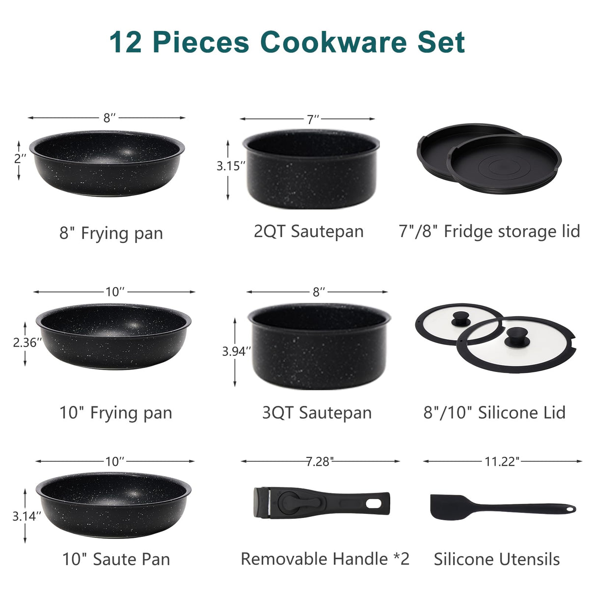 12-Piece Nonstick Cookware Set with Detachable Handle, Black K264
