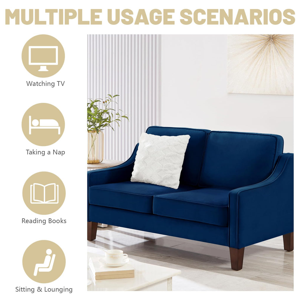 Navy Velvet 2 Seat Loveseat Sofa with Wooden Legs L999