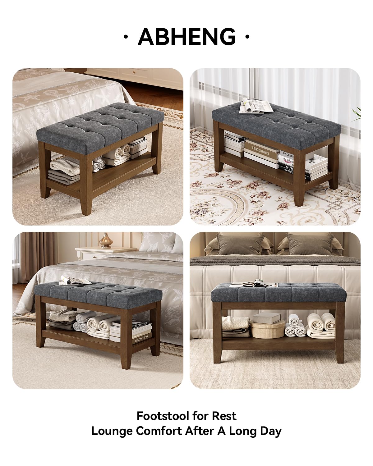 Dark Gray Rubber Wood Chenille Upholstered Shoe Bench O317510