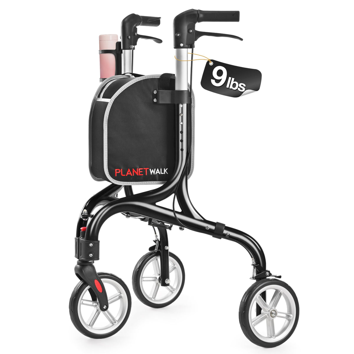 Super Lightweight 3 Wheel Foldable Aluminum Walker with Cup Holder, Black Y943