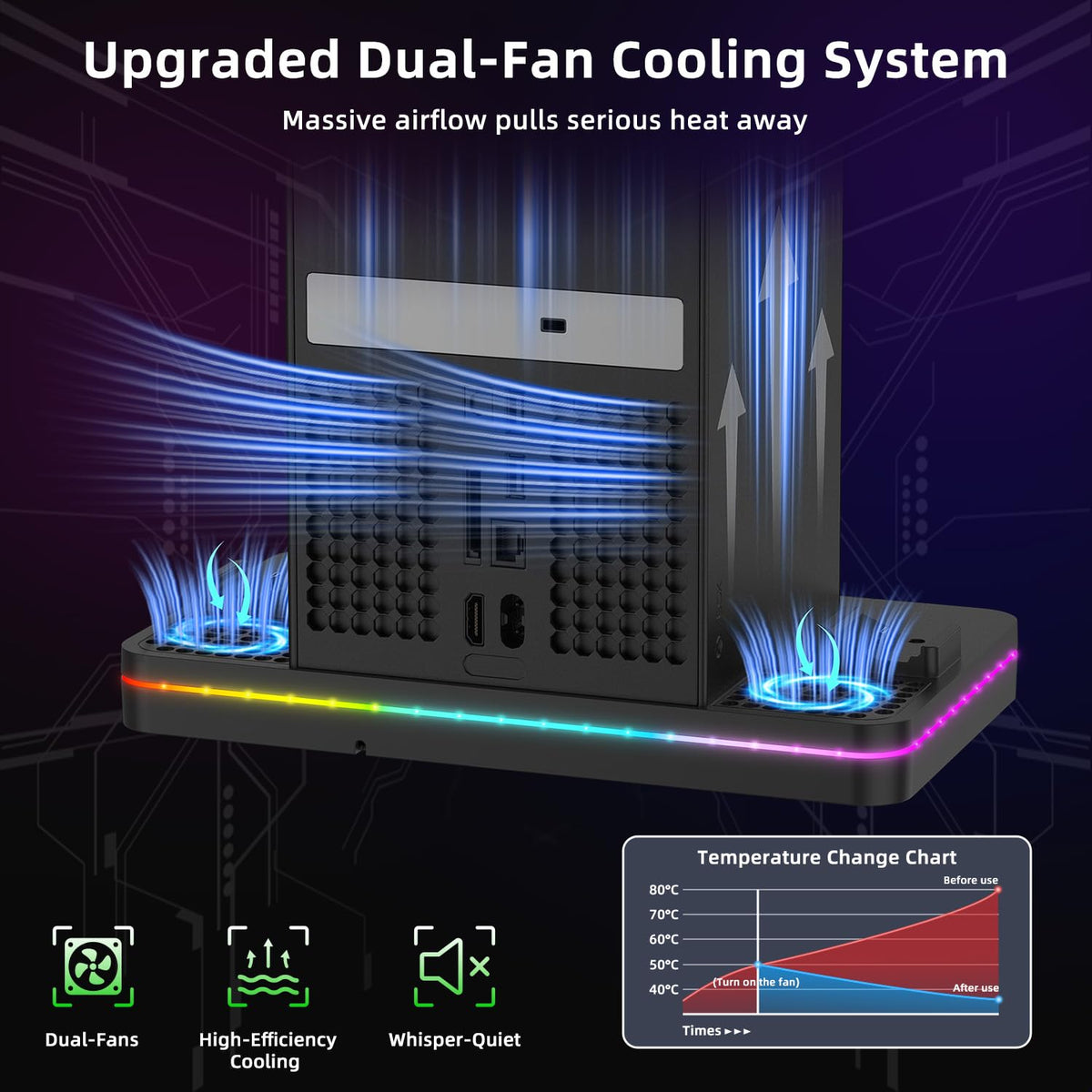 Black Cooling Fan Charging Stand with 3 USB Ports Q506
