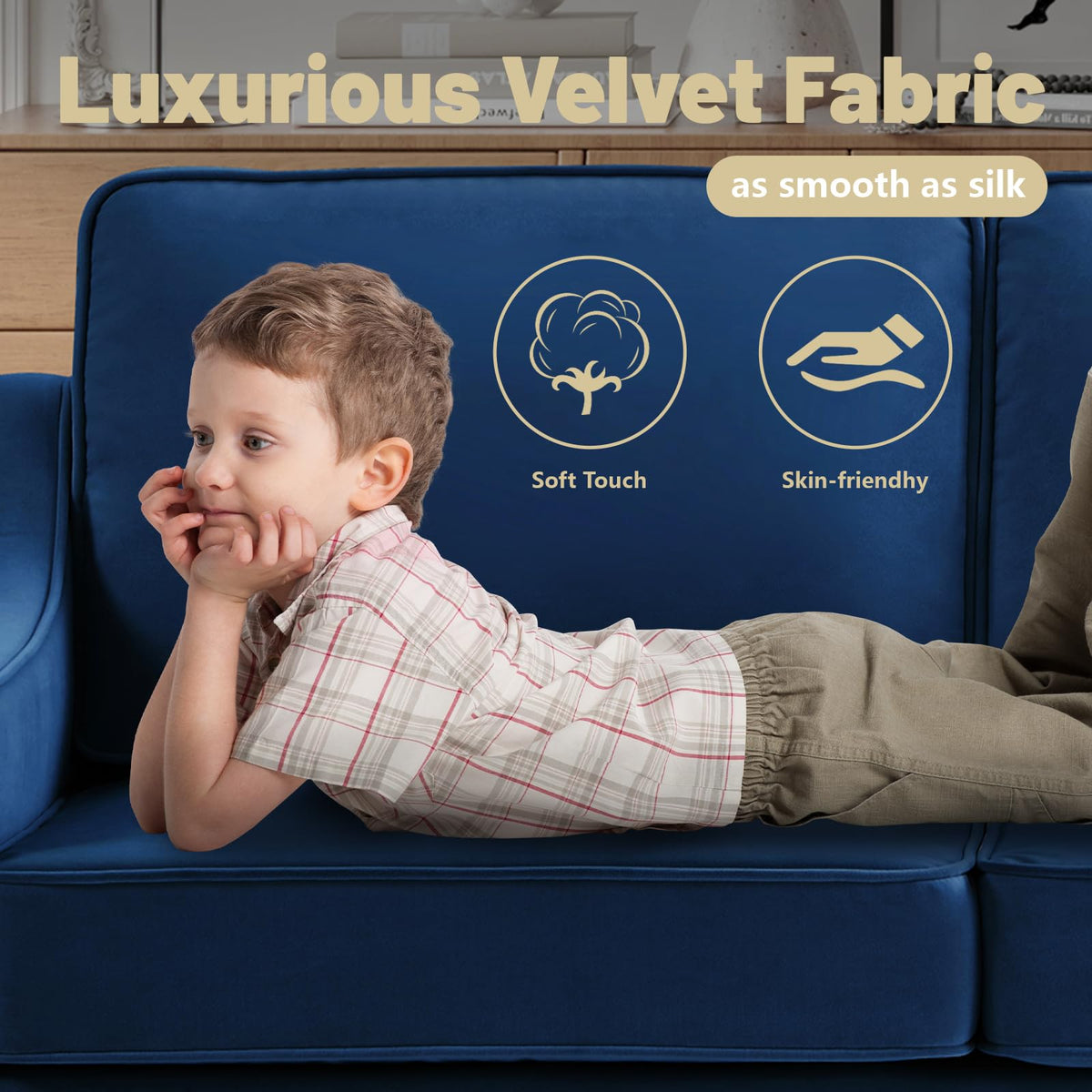 Navy Velvet 2 Seat Loveseat Sofa with Wooden Legs L999