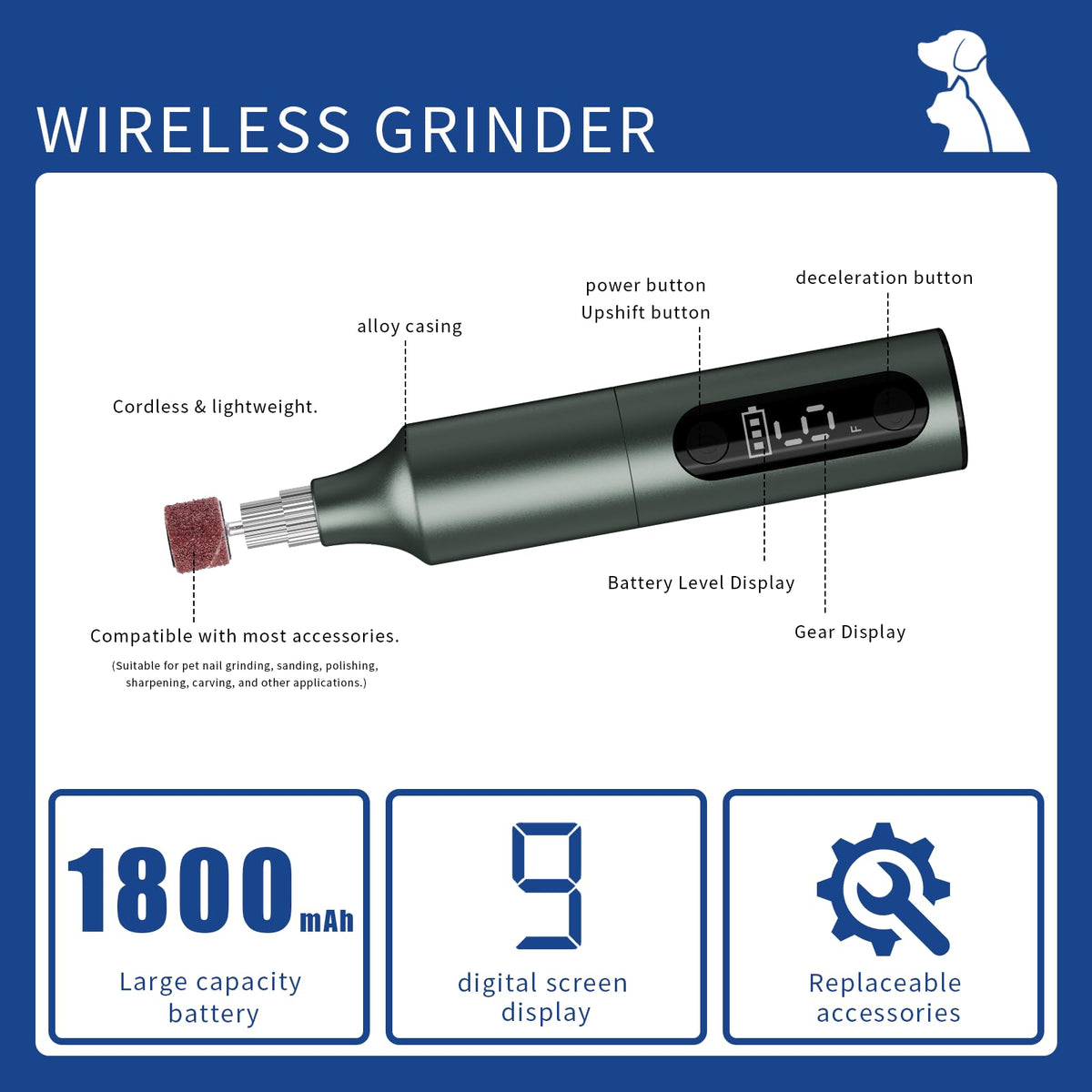 Rechargeable 9-Speed Adjustable Ultra Quiet Electric Dog Nail Grinder Q11720
