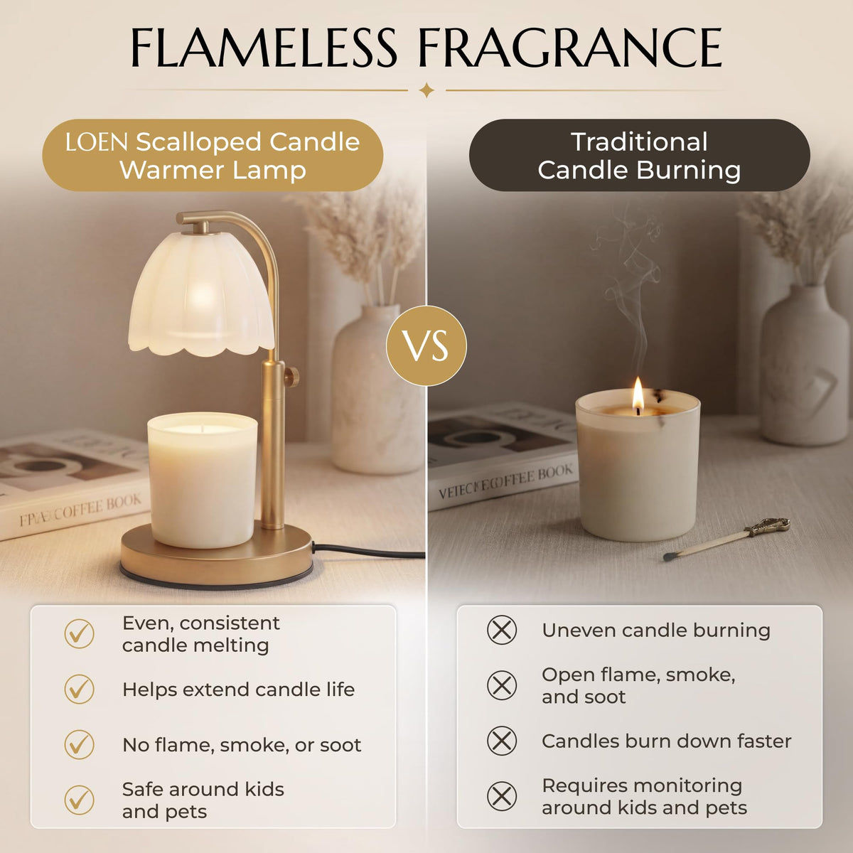 Scalloped Glass Candle Warmer Lamp with Timer, Dimmable, Adjustable Height, Gold Metal, Green N3758