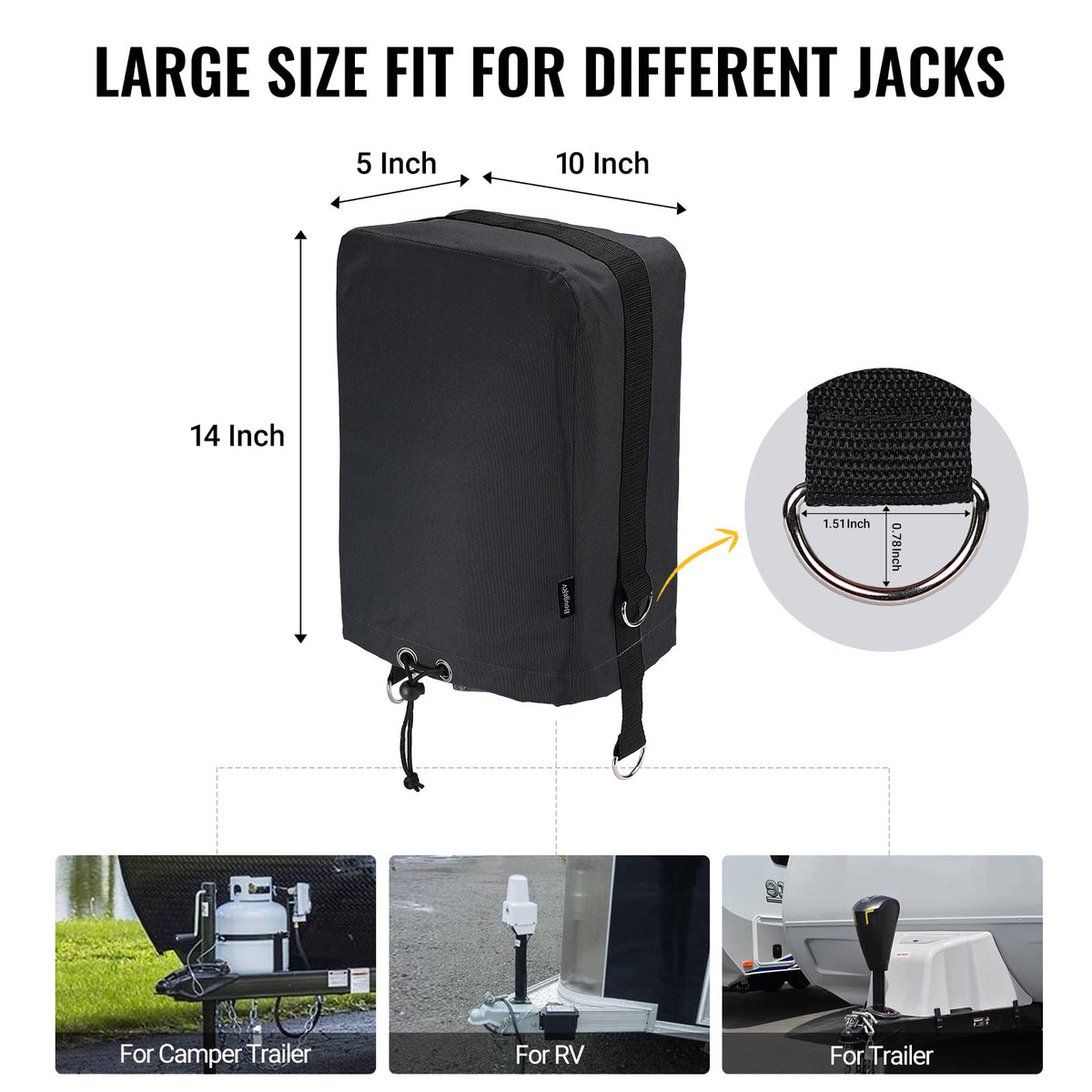 Black 600D RV Electric Tongue Jack Cover with D Rings W780