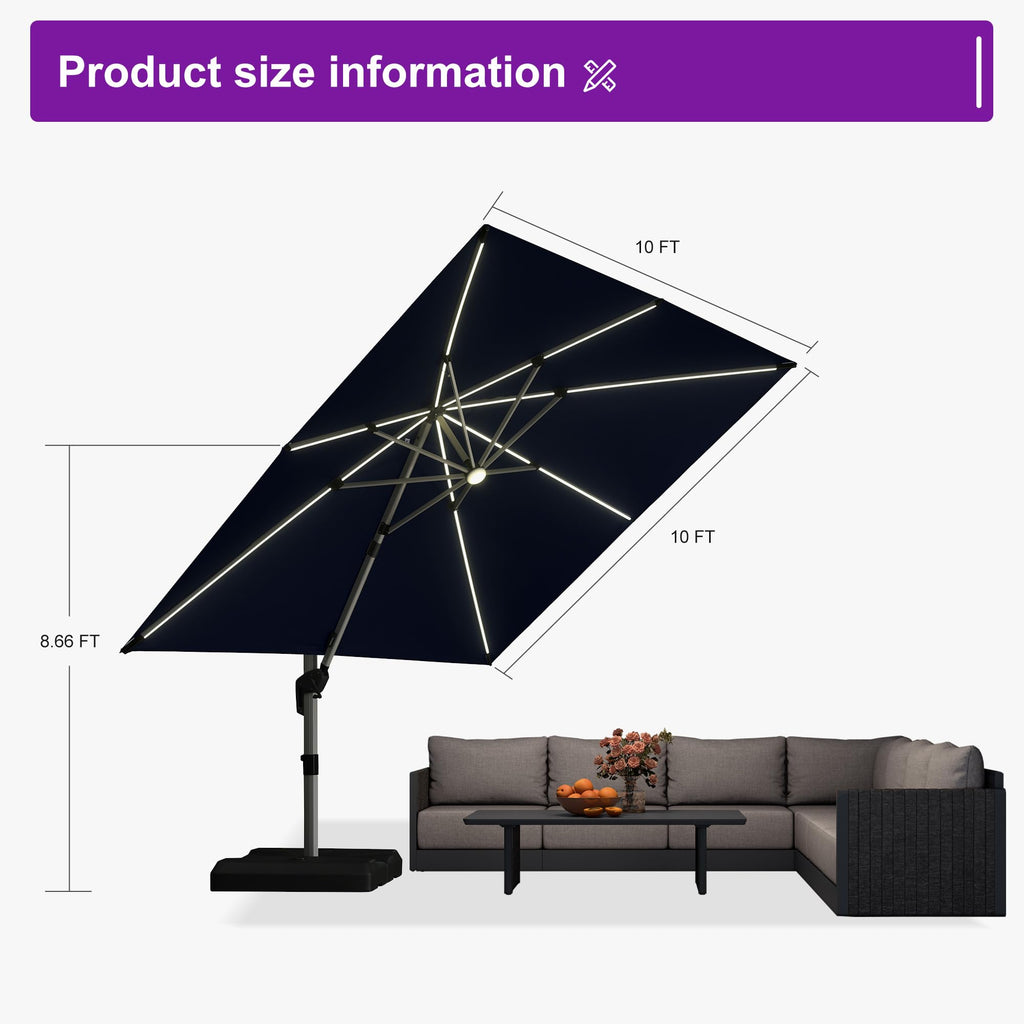 Navy Blue 10' X 10' Solar LED Patio Umbrella with Base V4869