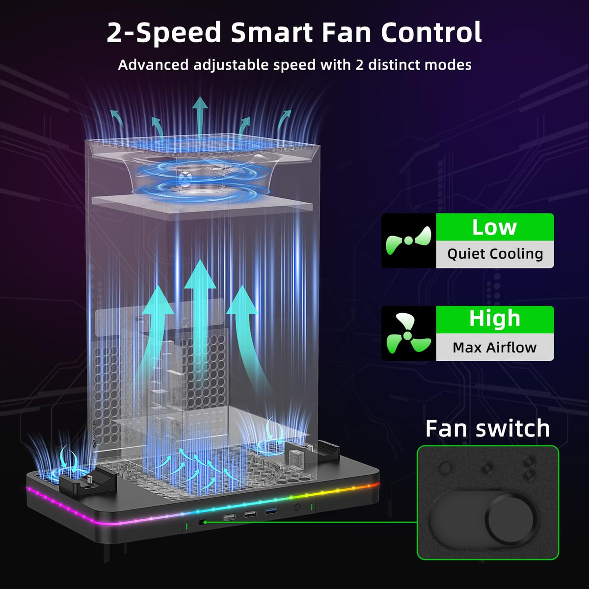 Black Cooling Fan Charging Stand with 3 USB Ports Q506