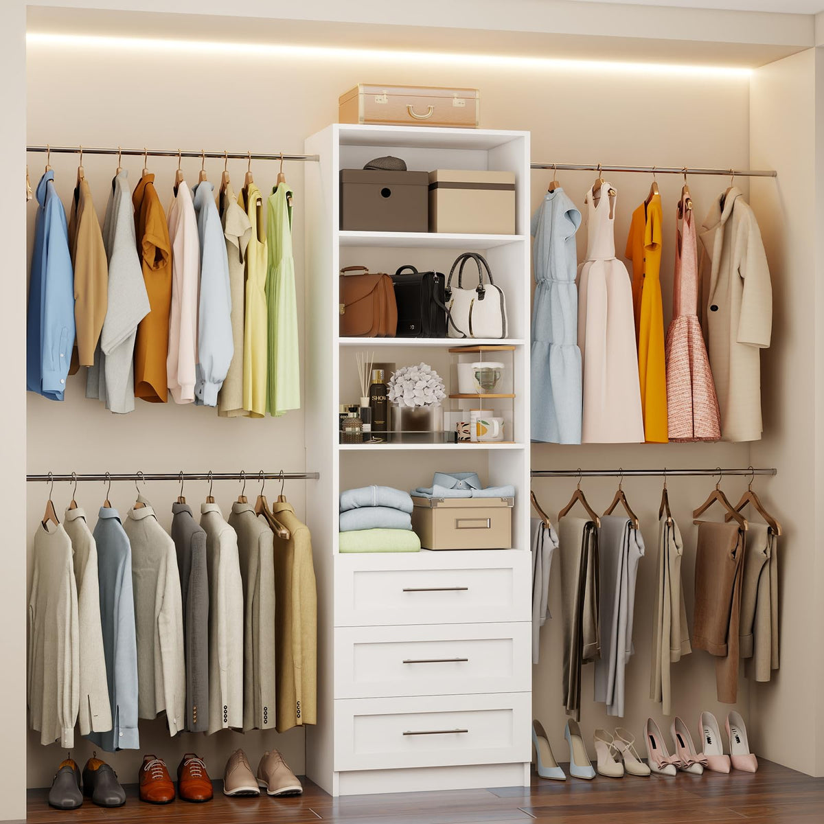 White Closet System with Drawers and Adjustable Shelves H717
