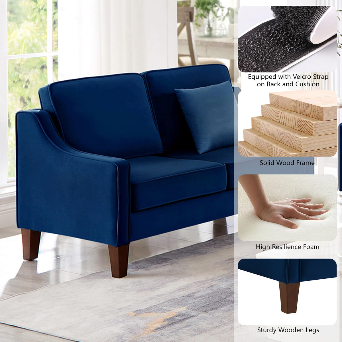 Navy Velvet 2 Seat Loveseat Sofa with Wooden Legs L999