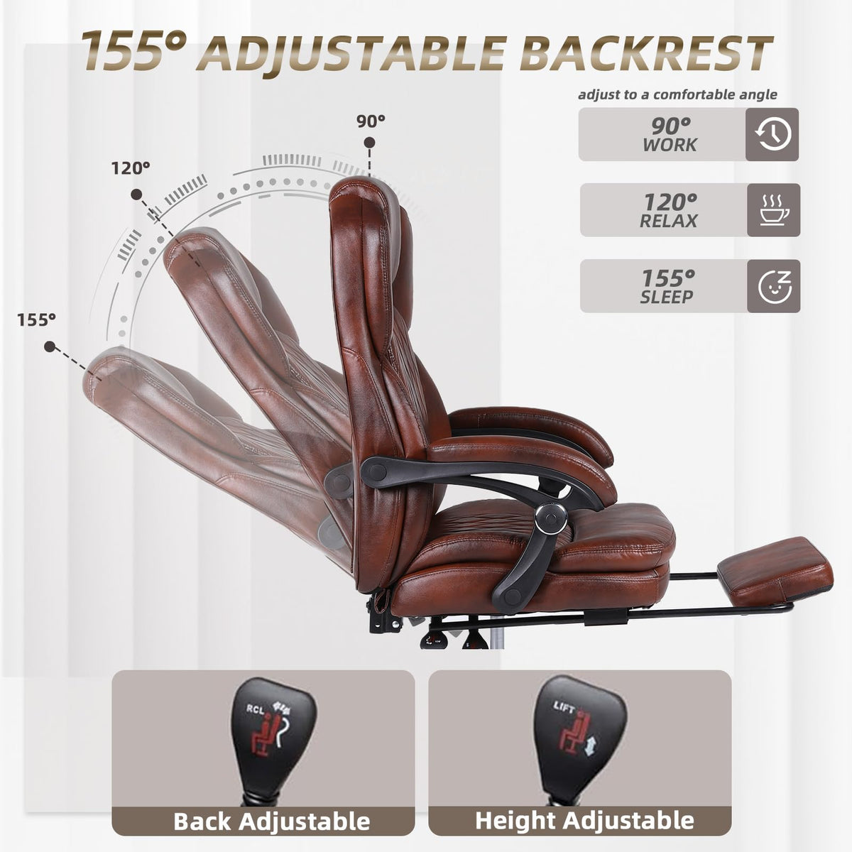 Big and Tall Brown PU Leather Reclining Office Chair with Foot Rest R556