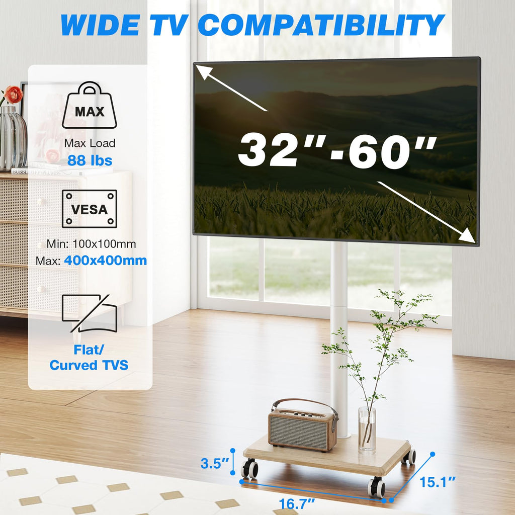 Rolling TV Stand for 32 to 60 Inch TV White Wood Base Z2430