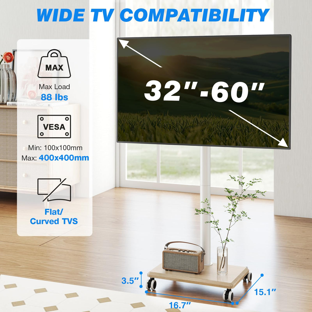 Rolling TV Stand for 32 to 60 Inch TV White Wood Base Z2430