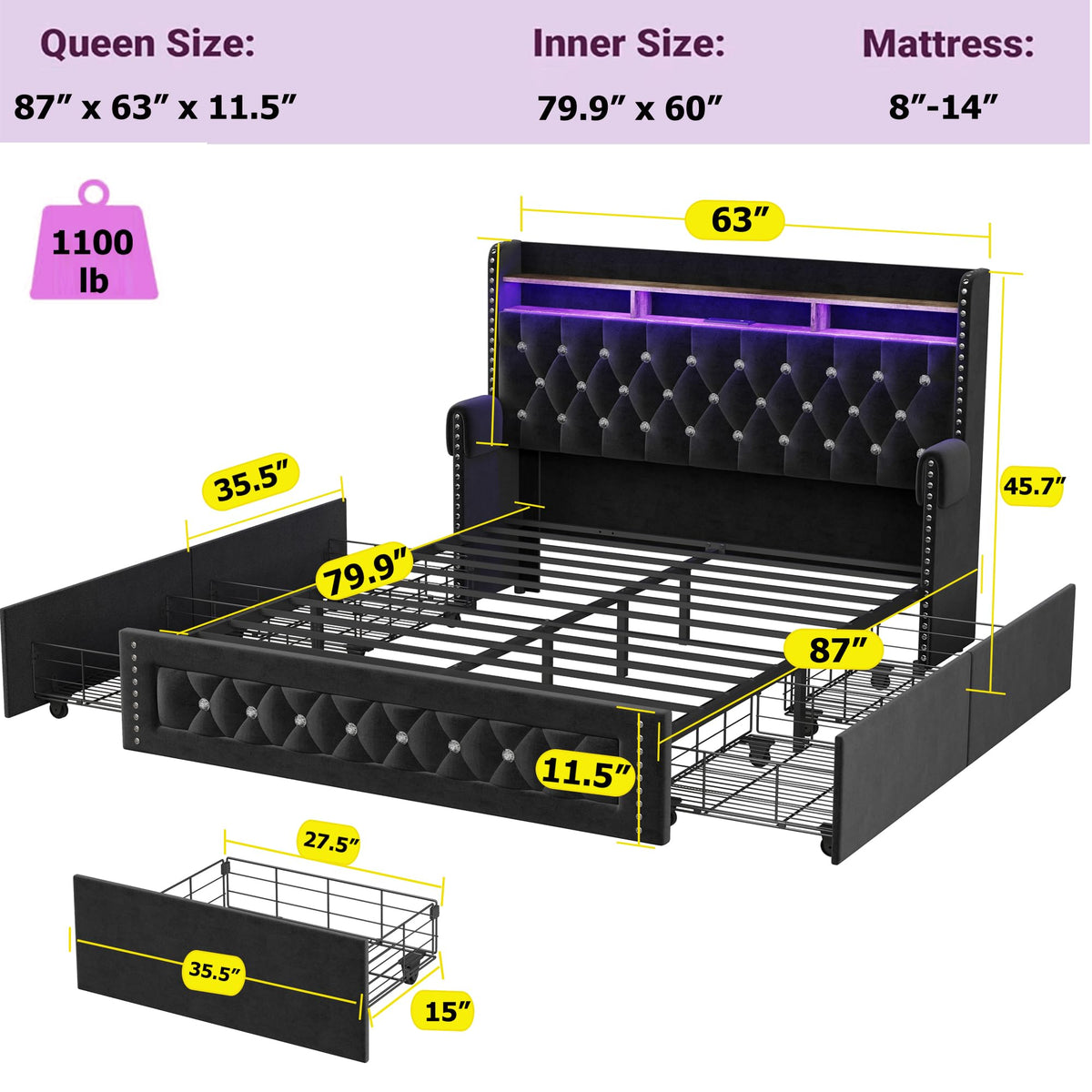 Queen Size Velvet Upholstered Platform Bed with 4 Storage Drawers K843114